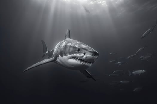 The King of the Ocean, The Great White male shark Hunter underwater view, Guadalupe island, Mexico. AI Generative photo