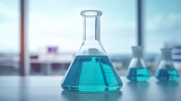 A Science Beaker in the laboratory on a table white and light blue background. laboratory equipment out of focus. AI Generative photo