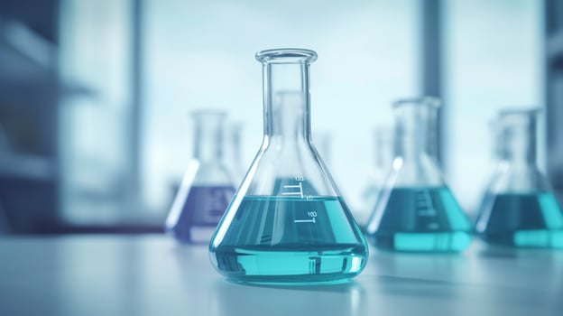 A Science Beaker in the laboratory on a table white and light blue background. laboratory equipment out of focus. AI Generative photo
