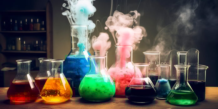 chemistry experiment with Laboratory flasks. AI Generative photo