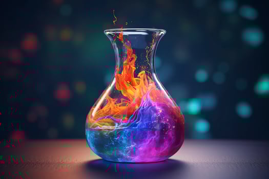 Close Up of a Science Beaker Filled with Multi Colored Liquids. AI Generative photo
