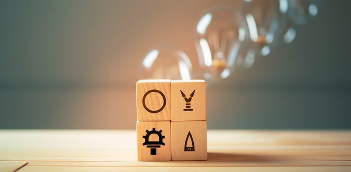 Creative idea, solution and innovation concept. Idea generation for business development. Wooden cube blocks with light bulb and cycle icons on clean background and copy space. AI Generative photo