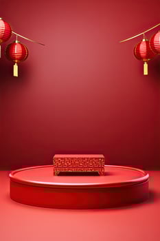 Generative AI, Red podium with lantern chinese new year and gift box product stand podium background pedestal 3d photo