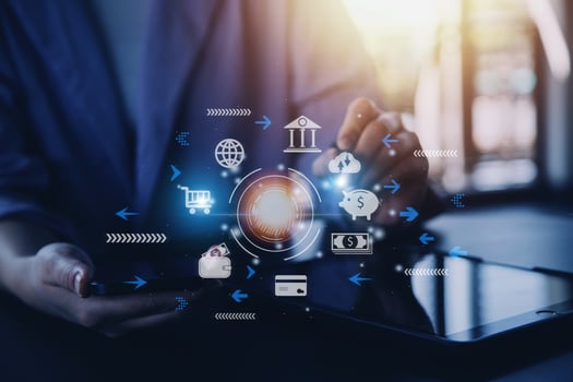 futuristic digital processing of biometric identification fingerprint scanner for access personal financial data. surveillance and security scanning of digital programs cyber futuristic applications photo