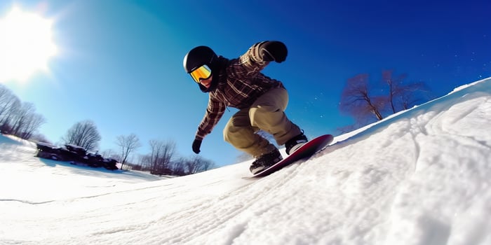 Snowboard Enthusiast Gliding Down Snowy Mountain Terrain - Generative AI photo