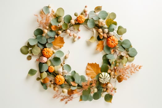 Whimsical Autumn Wreath with Foliage, Flowers, and Mini Pumpkins - Generative AI photo