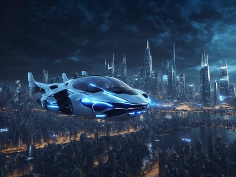 A futuristic flying car is floating on the top of a science fictional city photo