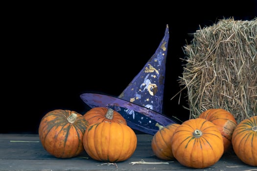 composition with witch hat, broom and halloween pumpkins photo