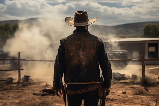 Cowboy getting ready for a shootout in the Wild West, back view. ai generative photo