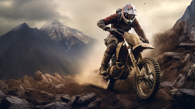 Extreme racer climbs to the top of the mountain on offroad enduro motorcycle. Beautiful mountain landscape. ai generative photo