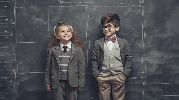 School pupil, boy and girl standing in front of black board. School children couple. Generated AI. photo
