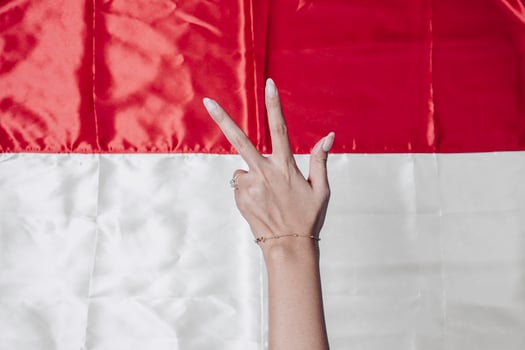 Hands gesturing signs of number isolated by Indonesian red and white flag. Indonesia's independence day concept photo