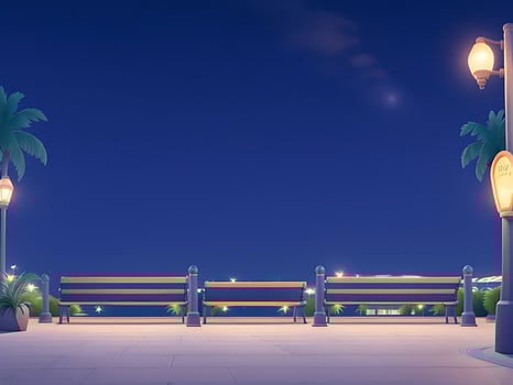 Night urban embankment illuminated by street lights. Cartoon vector illustration of benches, palm trees, empty seaside town promenade. ai generated photo