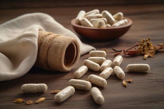 Ashwagandha capsules placed on a wooden surface. ai generative photo