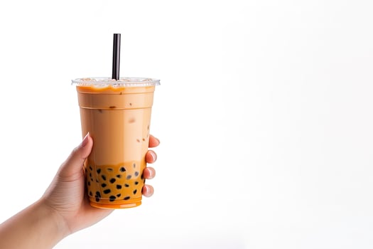 A hand holding takeaway plastic cup of delicious iced bubble milk tea and black pearls isolated on white background with copy space. ai generated photo