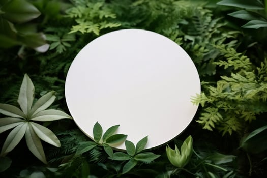 White round template podium mockup for natural organic cosmetic product presentation ad concept on green eco forest fresh leaves nature flat lay background, generative ai. photo