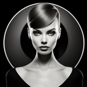 Beautiful woman in a black and white photo, in the style of fashion shapes photo