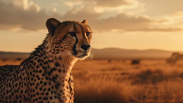 cheetah on the background of the African savannah, hot day, animals of Africa. ai generative photo