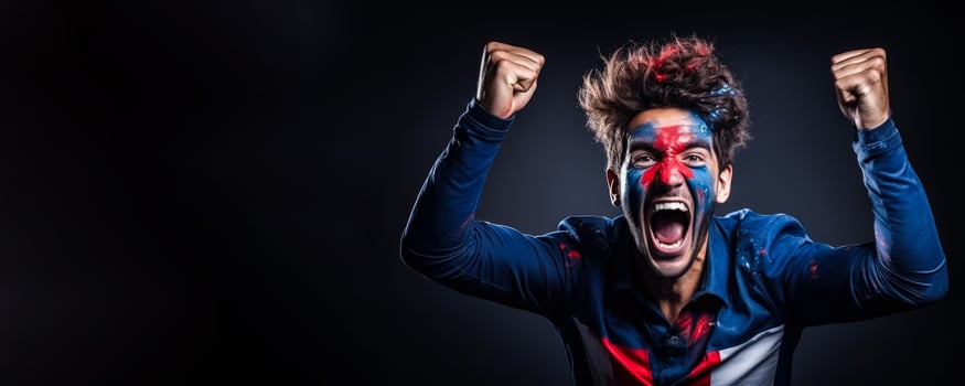 French football fan celebrating a victory on blue background with empty space for text photo