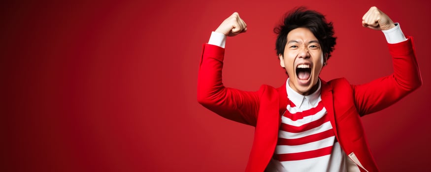 Japanese football fan celebrating a victory on red and white background with empty space for text photo