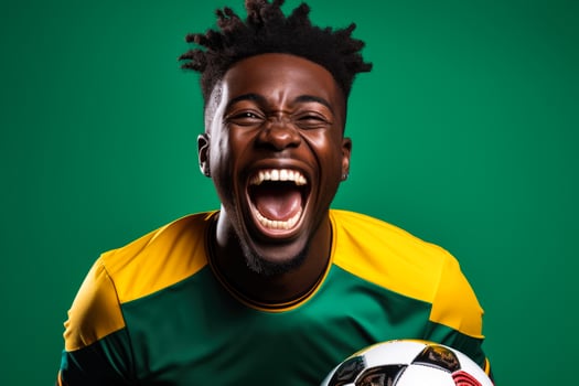 Senegalese football fan celebrating a victory on green yellow and red background with empty space for text photo