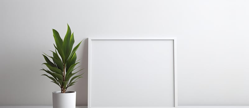 A minimalist home interior is depicted in the photo, showcasing an empty white wooden photo frame