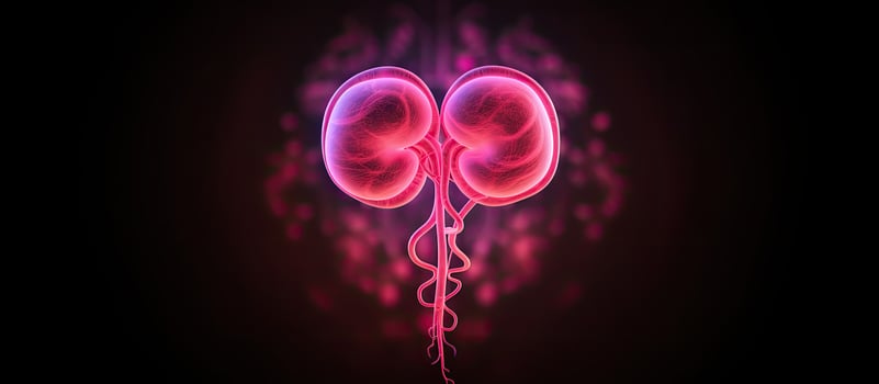 kidney health is represented by a pink human kidney symbol on a black background with space for photo