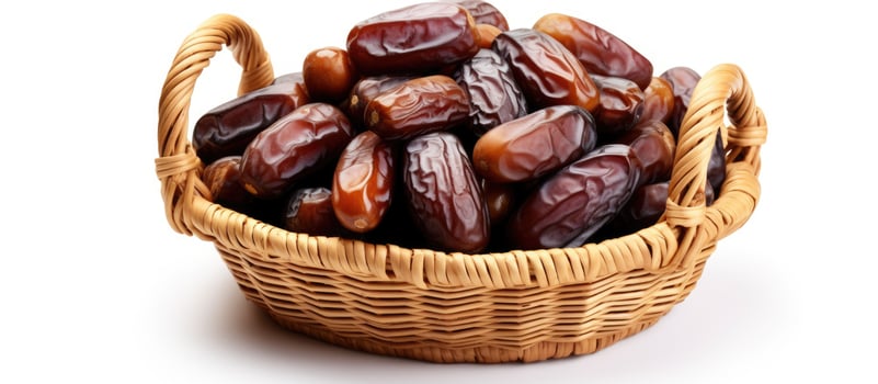 a collection of royal dates in a basket, placed on a white background. There is blank space available photo