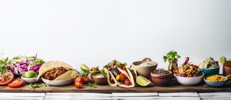 A picture of a Taco Bar with a variety of ingredients on a rustic white wood background. It is photo