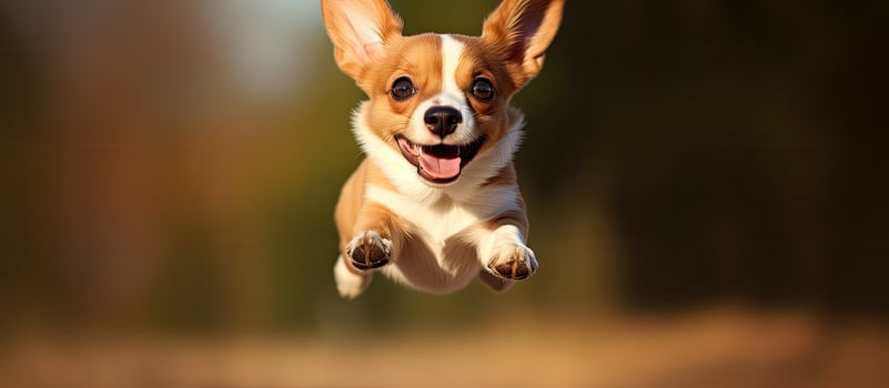 A dog puppy with funny ears is happily jumping and listening, illustrating an obedient, trained photo