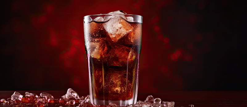 A glass of cola with ice, against a red background, provides a refreshing beverage option. With photo