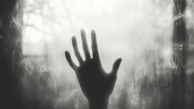 Halloween themed blurred hand shadow on frosted glass in monochrome photo