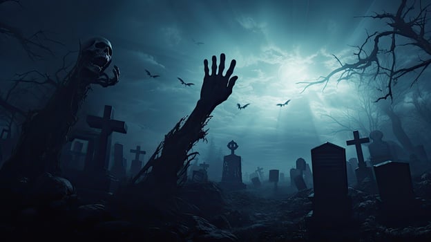 Zombie emerging from graveyard on dark night photo