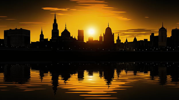 Moscow sunset with silhouettes of famous buildings reflected in the river colored in black and yellow photo