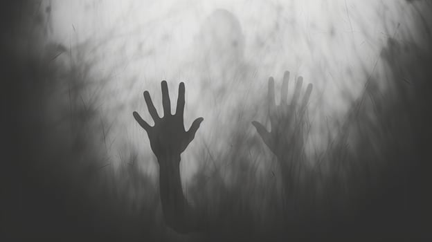 Halloween themed blurred hand shadow on frosted glass in monochrome photo