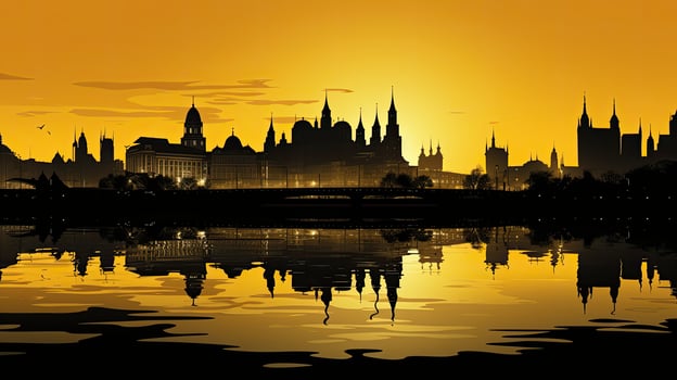 Moscow sunset with silhouettes of famous buildings reflected in the river colored in black and yellow photo