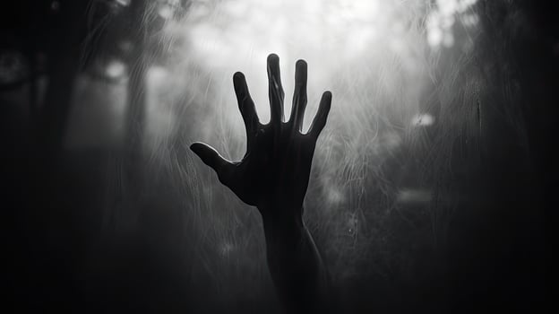 Halloween concept Black and white hand silhouette behind frosted glass photo
