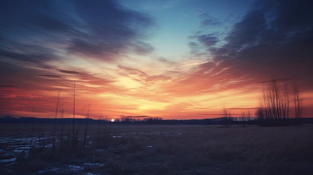 Winter field at sunset Grass bushes and trees silhouetted Cloudy sky with a touch of clear sky Evening sky with sunbeams Grey clouds with light edges on dark blue sky photo