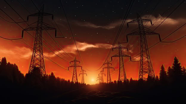 Energy infrastructure concept Transmission towers with luminous orange wires against a starry night backdrop photo