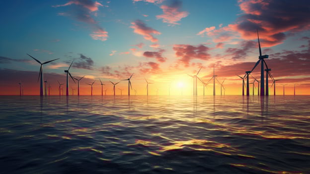 Offshore wind turbines at sunset photo