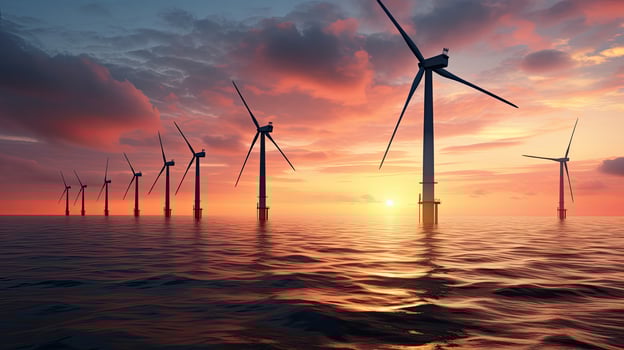 Offshore wind turbines at sunset photo
