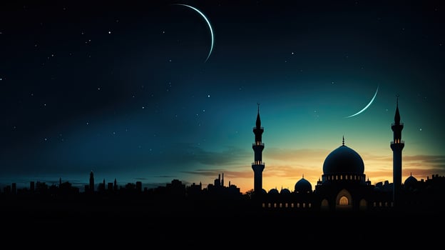 Silhouetted mosque against a dimly lit sky with Eid crescent Islamic Eid or Ramadan backdrop photo