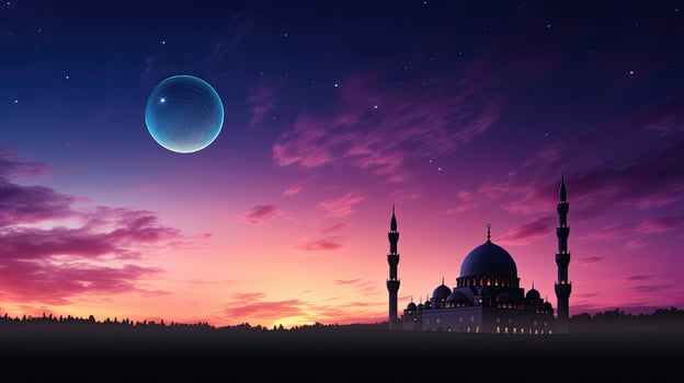 Mosques at twilight with crescent moon representing Islam s holy occasions photo