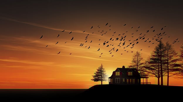 Trees and home outline with birds in sunset sky creating a peaceful nature atmosphere photo