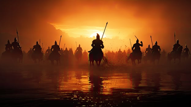 Warriors on foggy sunset background fighting in a medieval battle scene with cavalry and infantry photo