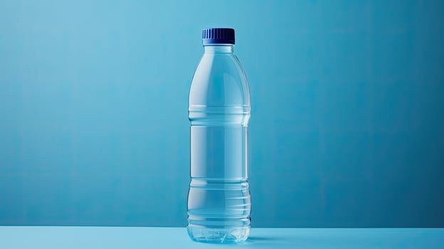 Product packaging of plastic water bottle isolated on blue background photo