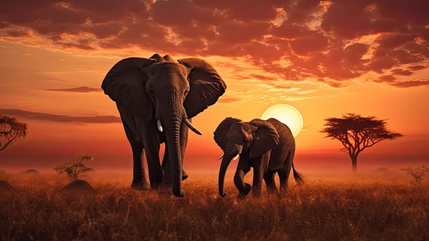 Mother and baby elephants silhouettes during an African sunset photo