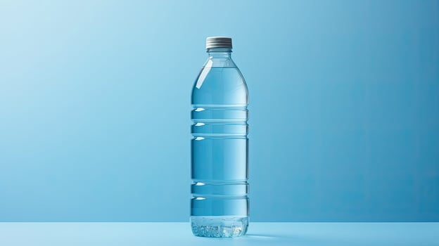 Product packaging of plastic water bottle isolated on blue background photo