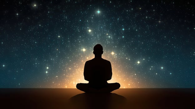 Human silhouette sitting amid starry background engrossed in yoga meditation for relaxation and psychological well being photo