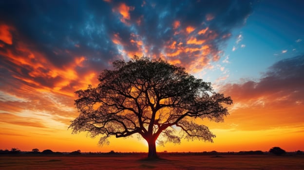 Sunset or sunrise photo capturing the beauty of a tree against a colorful sky during Christmas festivals